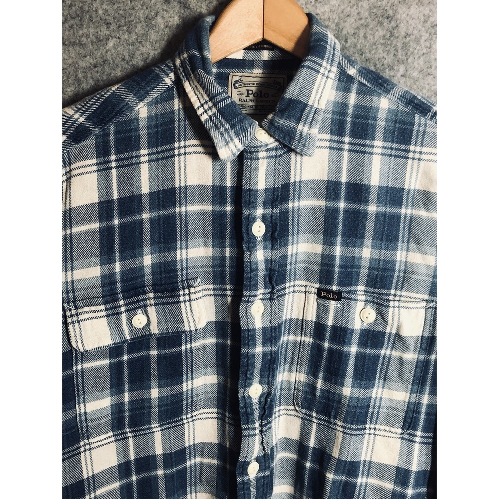 Polo Ralph Lauren Shirt Mens Medium Blue Plaid Authentic Denim Goods Woven India